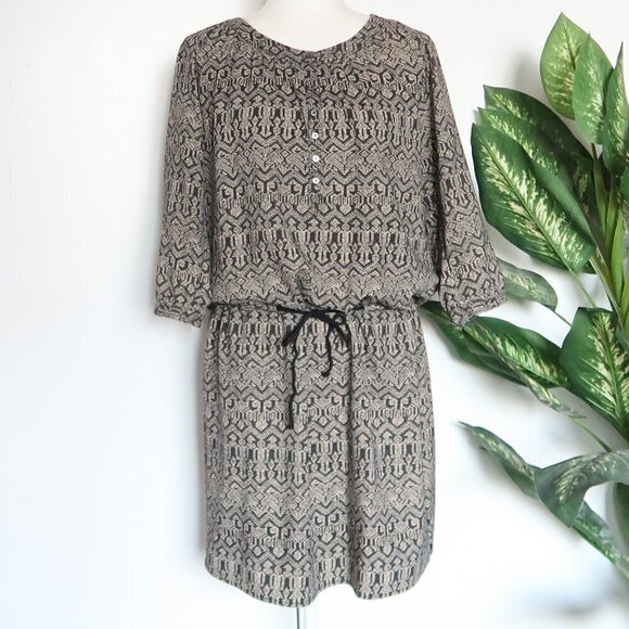 Maison Scotch Black & Cream Print Scoop Neck 3/4 Sleeve Drawstring Mini Dress 8 - Picture 3 of 13